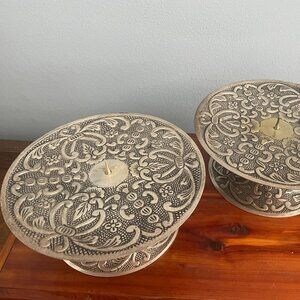 Lacquered Brass Pedestal Candle Holders Ornate Set of 2 Made in India